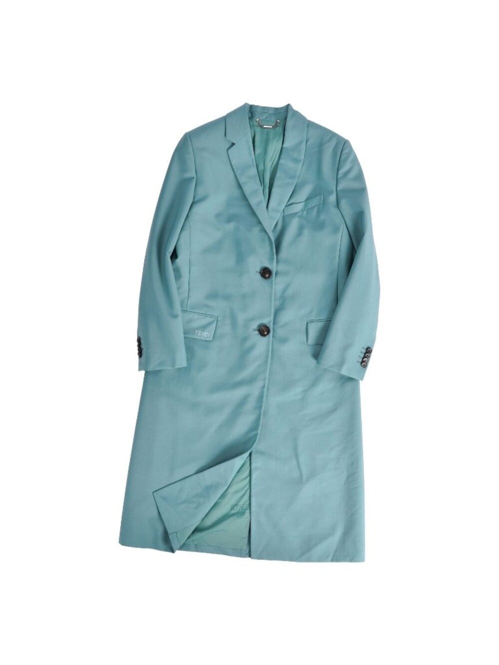 Fendi Coat Long Chesterfield Logo Embroidery Wool Mohair Turquoise Blue 38